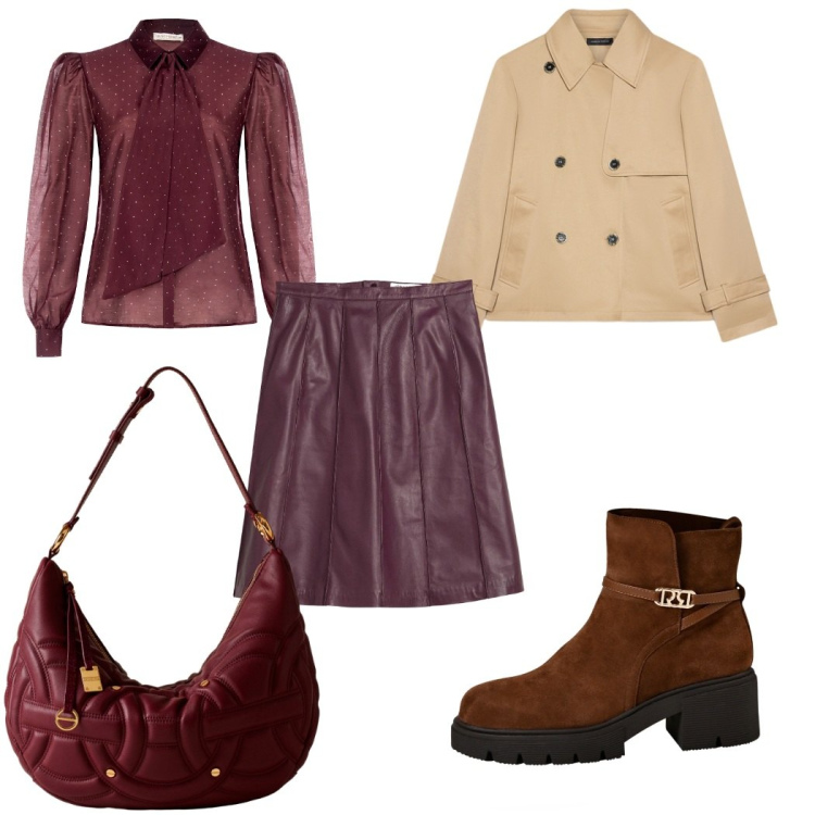 Outfit donna - Total look #2274347. Stile Trendy per Tutti i giorni. Abbinamento con gonne, stivaletti, camicie, borse a spalla, trench.