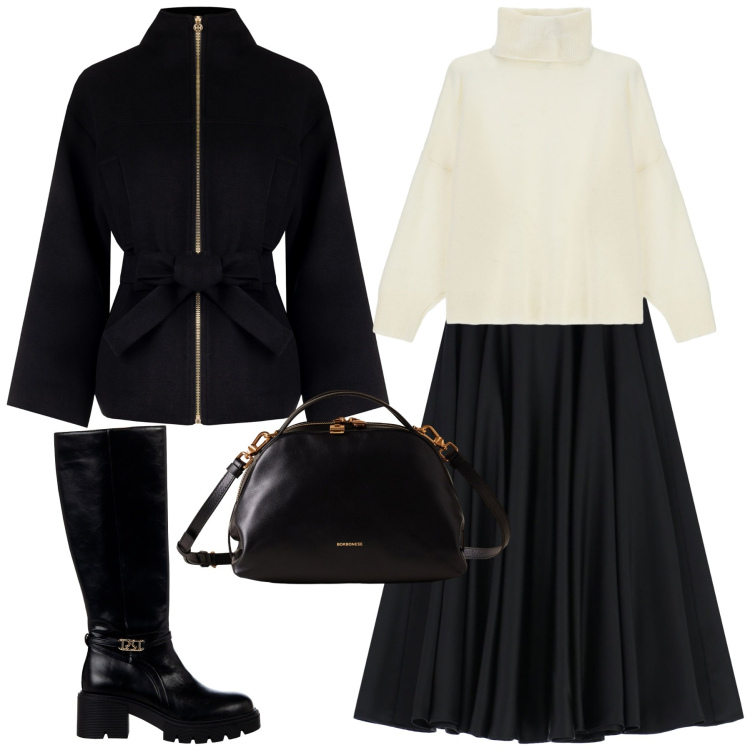 Outfit donna - City. Stile Urban per Tutti i giorni. Abbinamento con caban, stivali sopra il ginocchio, maglieria, gonne longuette, borse a mano.