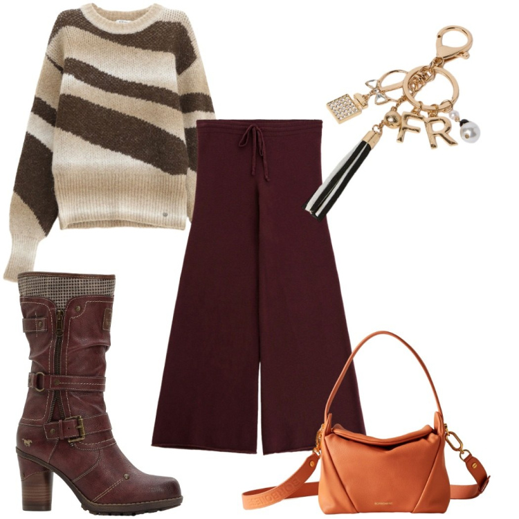Outfit donna - Total look #2274349. Stile 70s per Tutti i giorni. Abbinamento con stivali, pullovers, pantaloni a palazzo, borse a spalla, portachiavi.