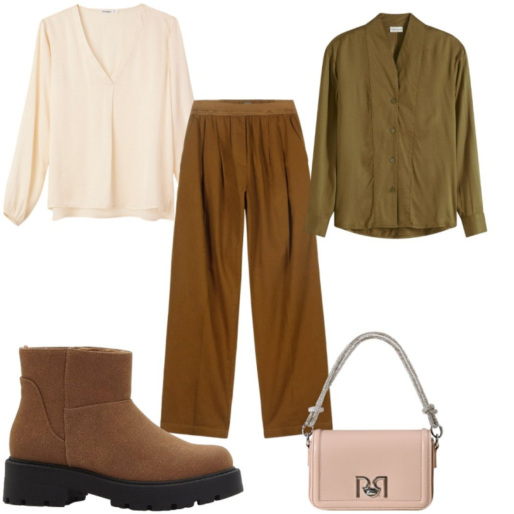 Outfit donna - Total look #2274351. Stile Trendy per Tutti i giorni. Abbinamento con camicie, stivaletti, bluse, borse a mano, pantaloni.