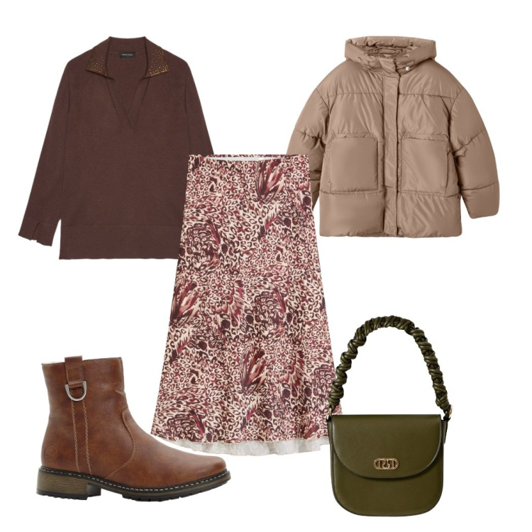 Outfit donna - Total look #2274354. Stile Trendy per Tutti i giorni. Abbinamento con gonne, stivaletti, bomber, borse a mano, maglieria.