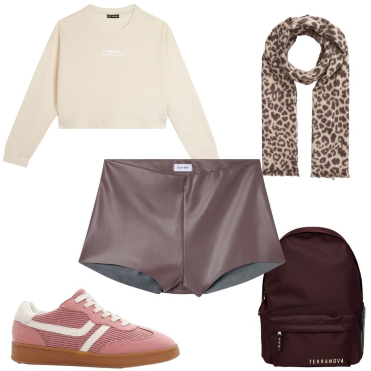 Outfit donna - Total look #2274356. Stile Trendy per Tutti i giorni. Abbinamento con sneakers, zaini, sciarpe, shorts, felpe.