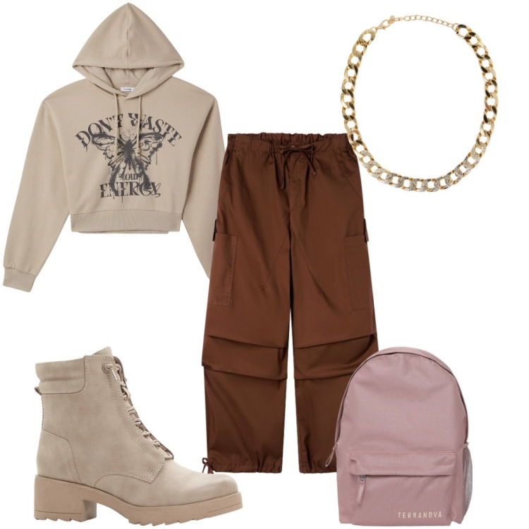 Outfit donna - Total look #2274359. Stile Urban per Tutti i giorni. Abbinamento con stivaletti, felpe con cappuccio, collane, zaini, pantaloni cargo.