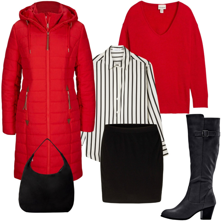 Outfit donna - Rosso protagonista. Stile Casual chic per Tutti i giorni. Abbinamento con stivali, blazer, minigonne, maglieria, borse a mano, camicie.