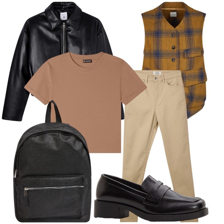 Outfit donna - Total look. Stile Mannish per Tutti i giorni. Abbinamento con mocassini, zaini, pantaloni skinny, giacche, t-shirt, gilet.