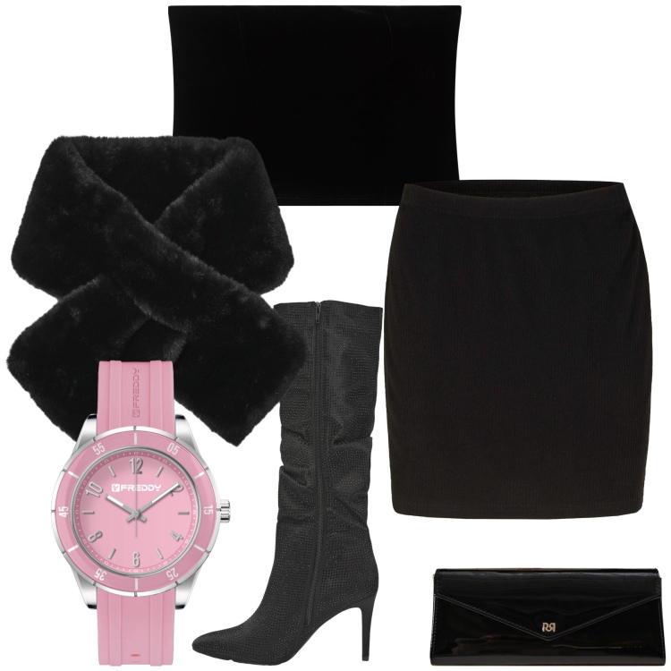 Outfit donna - Halloween rosa. Stile Sexy per Serata fuori. Abbinamento con minigonne, top, stivali, sciarpe, pochette, orologi.