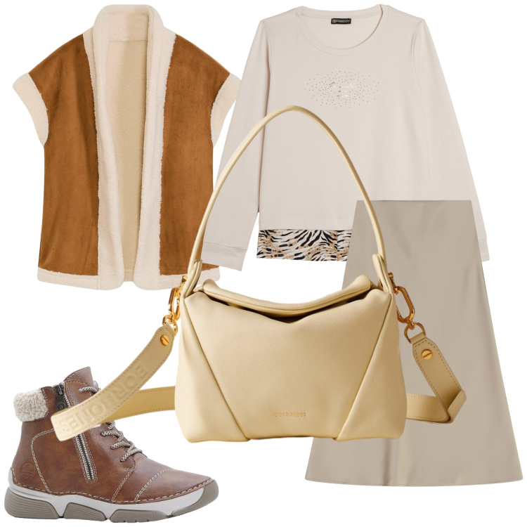 Outfit donna - Smanicato eco montone. Stile Trendy per Tutti i giorni. Abbinamento con piumini, stivaletti, gonne longuette, felpe, borse a spalla.