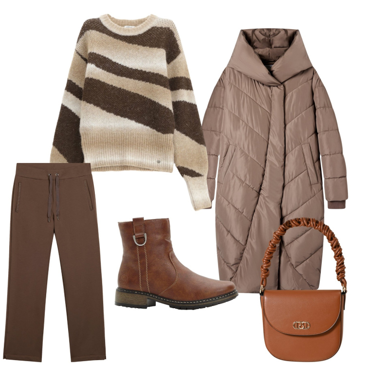 Outfit donna - Tutte le sfumature del cioccolato. Stile Casual per Tutti i giorni. Abbinamento con stivaletti, cappotti, pullovers, borse a mano, pantaloni.