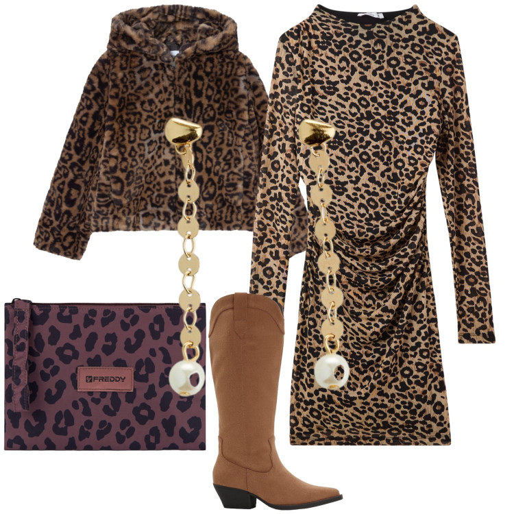 Outfit donna - Le perle e il maculato al ristorante. Stile Trendy per Serata fuori. Abbinamento con orecchini, stivali, vestiti lunghi, ecopellicce, clutch.