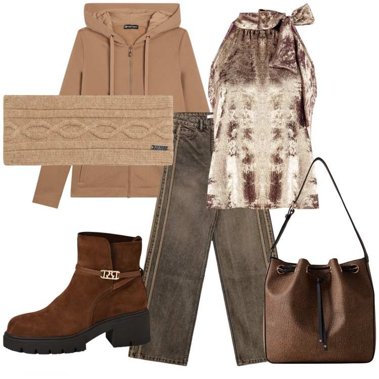 Outfit donna - Top wow e felpa. Stile Sporty chic per Tutti i giorni. Abbinamento con top, stivaletti, jeans, felpe con cappuccio, accessori per capelli, borse a secchiello.