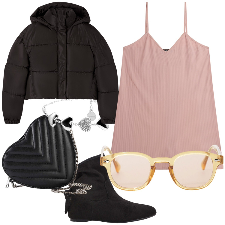 Outfit donna - Aperitivo col cuore. Stile Glamour per Serata fuori. Abbinamento con stivaletti, borse a tracolla, bomber, vestiti corti, braccialetti, occhiali da sole.