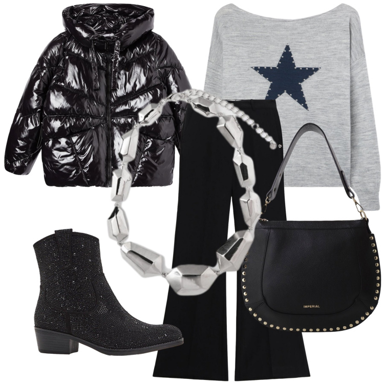 Outfit donna - Il piumino luccicante sotto le stelle. Stile Trendy per Ufficio. Abbinamento con stivaletti texani, maglieria, bomber, pantaloni, borse a spalla, ciondoli.
