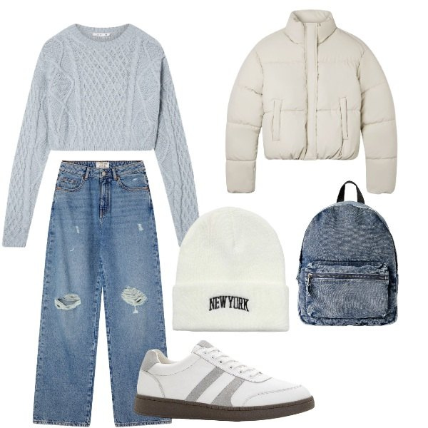Outfit donna - outfit casual. Stile Casual per Tutti i giorni. Abbinamento con sneakers, zaini, jeans strappati, maglieria, bomber, berretti.