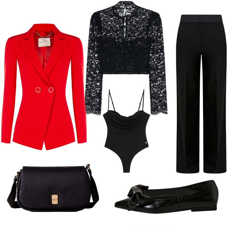 Outfit donna - La blusa romantica. Stile Bon Ton per Serata fuori. Abbinamento con body, borse a tracolla, blazer, ballerine, pantaloni a palazzo, bluse.