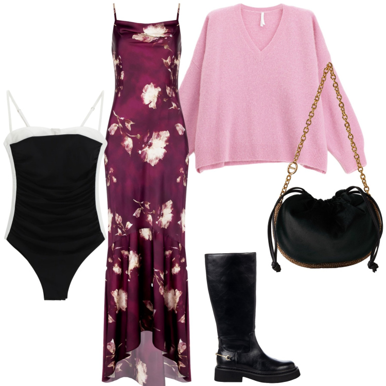 Outfit donna - Serata con golf. Stile Bon Ton per Serata fuori. Abbinamento con vestiti lunghi, stivali sopra il ginocchio, maglieria, body, borse a spalla.