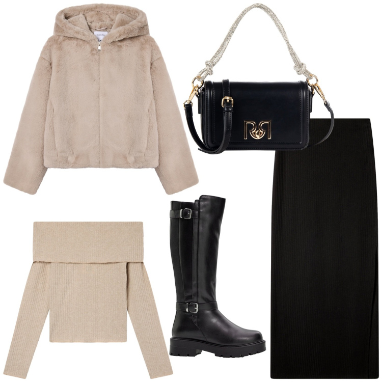 Outfit donna - Look da città. Stile Glamour per Tutti i giorni. Abbinamento con stivali, gonne lunghe, maglieria, ecopellicce, borse a mano.