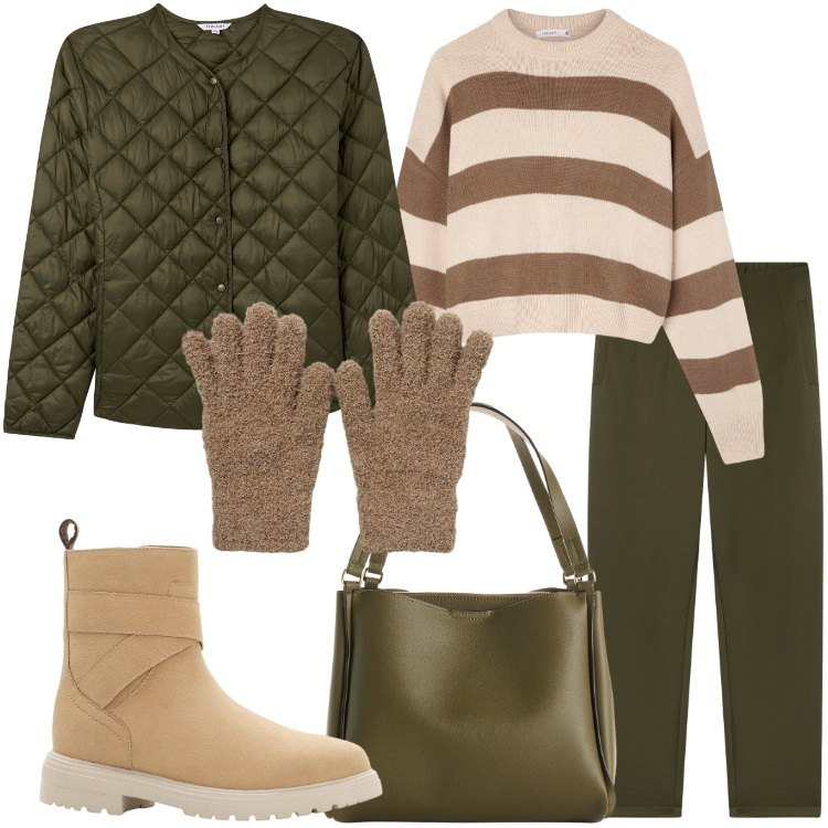Outfit donna - Giubbino imbottito mille abbinamenti. Stile Basic per Tutti i giorni. Abbinamento con stivaletti, borse a mano, piumini, pantaloni chino, maglieria, guanti.