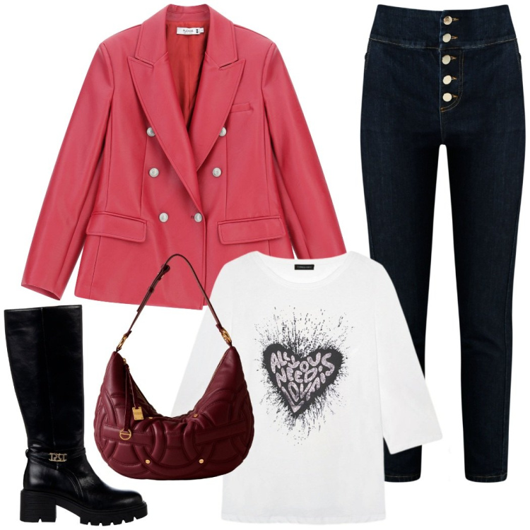 Outfit donna - Total look #2274386. Stile Chic per Ufficio. Abbinamento con jeans, stivali sopra il ginocchio, giacche, borse a spalla, t-shirt.
