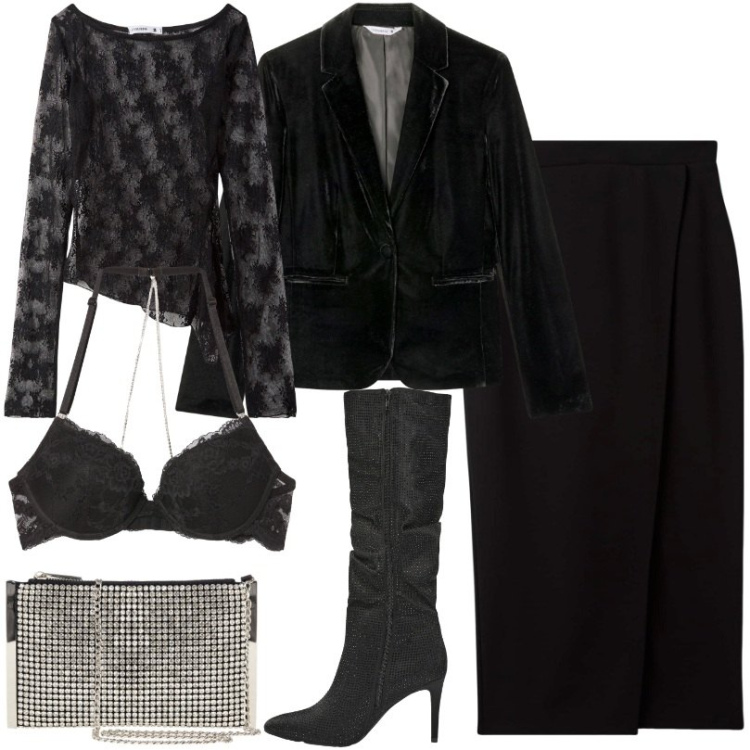 Outfit donna - Gonna midi con spacco asimmetrico. Stile Sexy per Serata fuori. Abbinamento con gonne longuette, maglieria, blazer, stivali, reggiseni push-up, pochette.