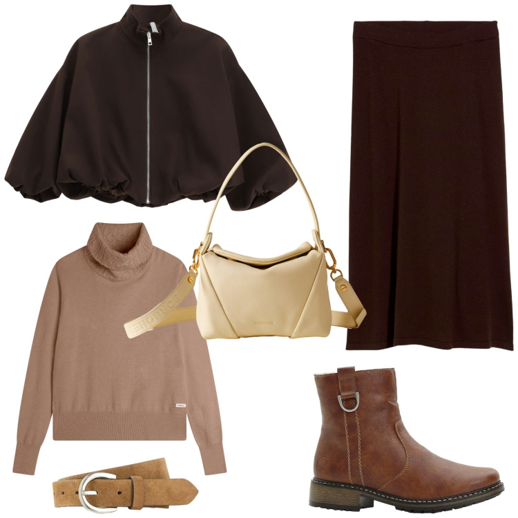 Outfit donna - Look cittadino. Stile Urban per Tutti i giorni. Abbinamento con cinture, gonne, stivaletti, bomber, maglieria, borse a spalla.