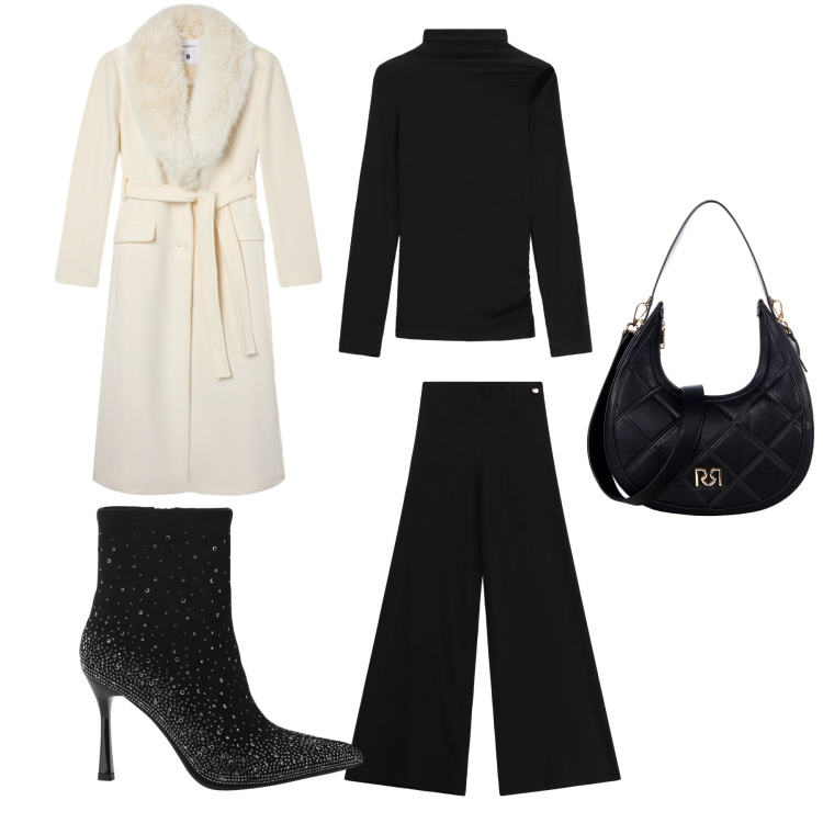 Outfit donna - Total look. Stile Glamour per Serata fuori. Abbinamento con cappotti, borse a tracolla, stivaletti, pantaloni a palazzo, pullovers.