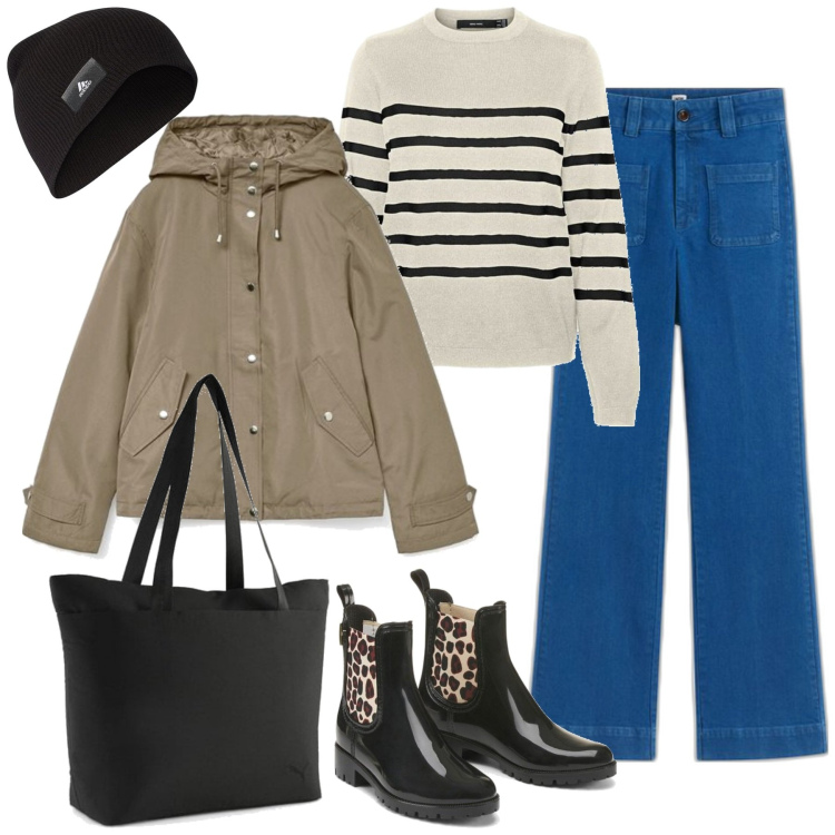 Outfit mujer - Casual #12126. Estilo Casual para Todos los días. Combinación con prendas de punto, parka, gorros, bolso tote, botines, vaqueros bootcut.