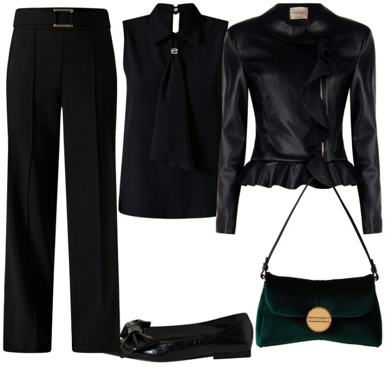 Outfit donna - Rinascimento total black. Stile Casual chic per Serata fuori. Abbinamento con blazer, pantaloni, ballerine, top, borse a tracolla.