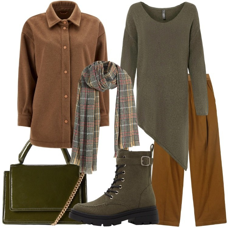 Outfit donna - Cappotto oversize a camicia. Stile Trendy per Tutti i giorni. Abbinamento con maglieria, sciarpe, stivaletti, borse a tracolla, cappotti, pantaloni.