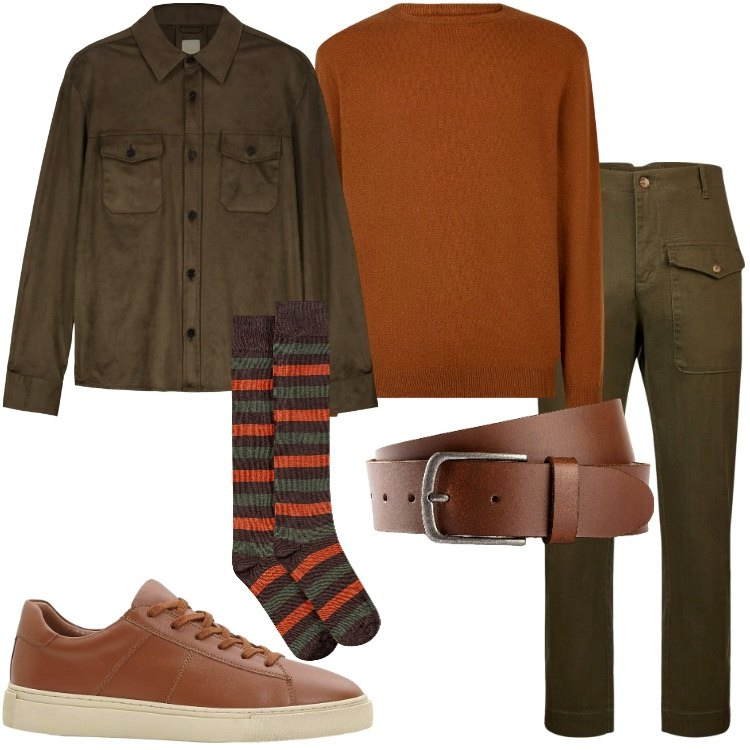 Outfit uomo - Verde militare e ruggine. Stile Casual per Tutti i giorni. Abbinamento con cinture, sneakers, maglieria, pantaloni, giacche, calzini.