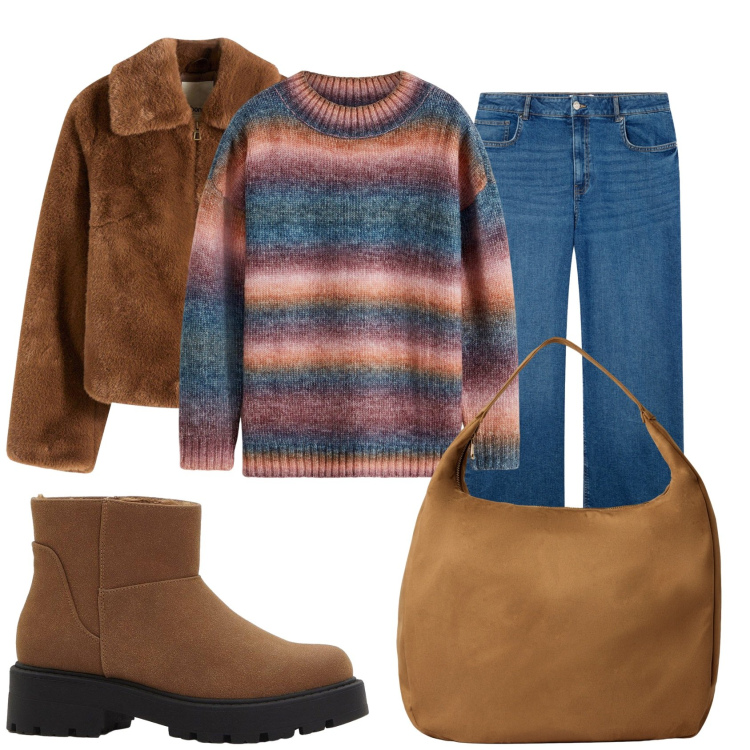 Outfit donna - Pronta per uscire. Stile Casual per Tutti i giorni. Abbinamento con maglieria, ecopellicce, stivaletti, jeans, borse a mano.