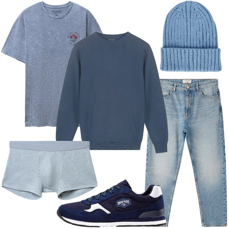 Outfit uomo - I colori del cielo. Stile Casual per Tutti i giorni. Abbinamento con sneakers, jeans dritti, boxer, t-shirt, berretti, maglieria.