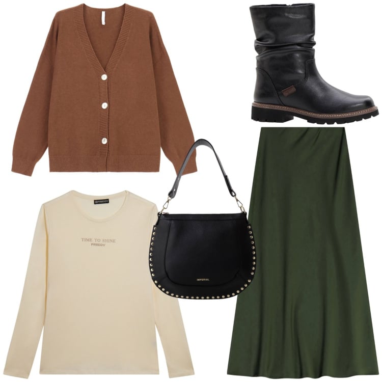 Outfit donna - Urban. Stile Urban per Tutti i giorni. Abbinamento con stivali, cardigans, gonne lunghe, borse a spalla, t-shirt.