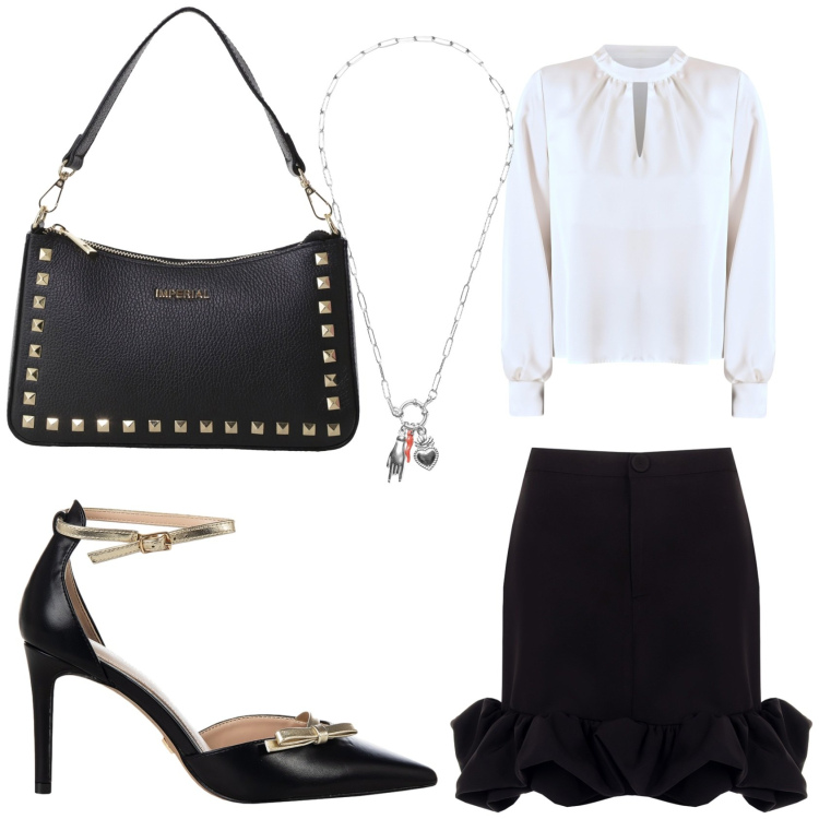 Outfit donna - Invito ad una laurea. Stile Bon Ton per Cerimonia. Abbinamento con minigonne, décolleté, bluse, pochette, ciondoli.