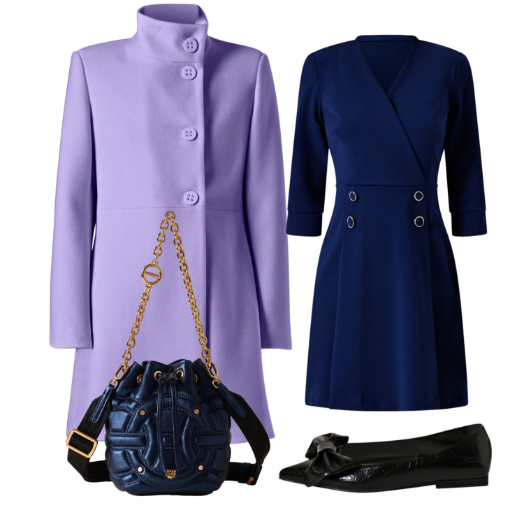Outfit donna - Elegante in glicine e blù. Stile Bon Ton per Cerimonia. Abbinamento con cappotti, ballerine, vestiti corti, borse a secchiello.