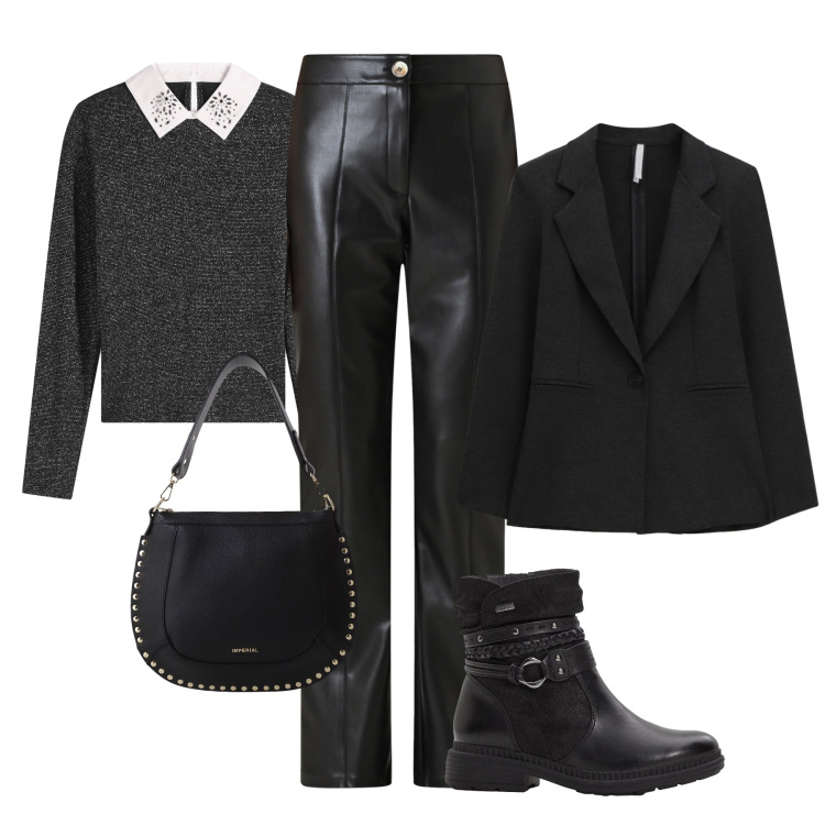 Outfit donna - Total black in città. Stile Trendy per Tutti i giorni. Abbinamento con stivaletti, maglieria, pantaloni, borse a spalla, blazer.