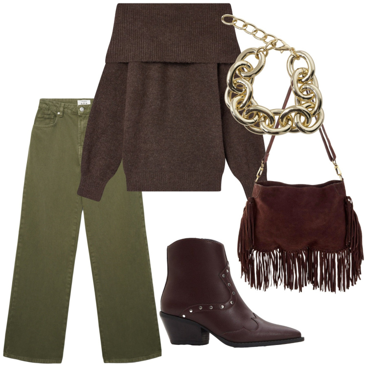 Outfit donna - Total look #2274422. Stile Urban per Tutti i giorni. Abbinamento con stivaletti texani, borse a tracolla, maglieria, jeans, braccialetti.