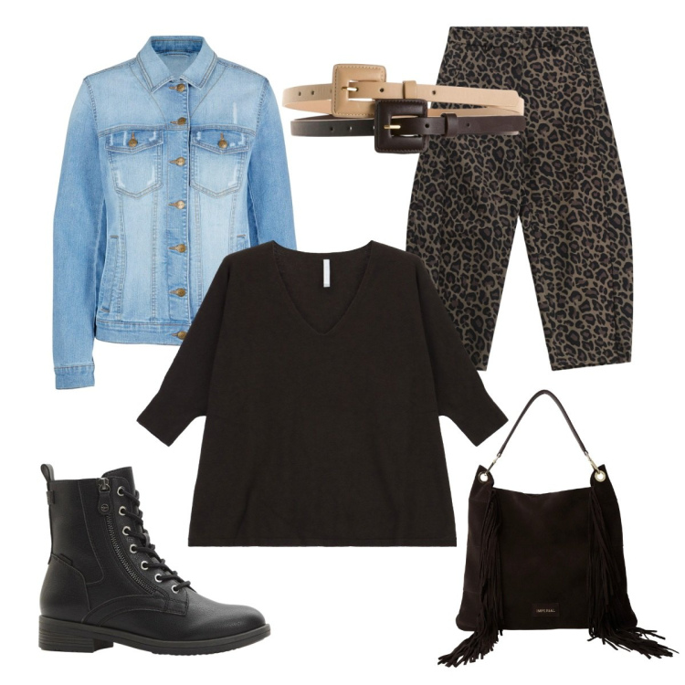 Outfit donna - Choco animalier. Stile Casual per Tutti i giorni. Abbinamento con blazer, stivaletti, cinture, borse a spalla, maglieria, pantaloni a palazzo.