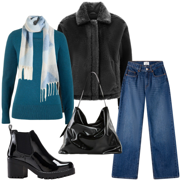 Outfit donna - Total look #2274426. Stile Minimal per Tutti i giorni. Abbinamento con stivaletti, maglieria, shopping bag, sciarpe, jeans, cappotti.