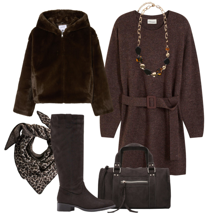 Outfit donna - Mini abito in maglia. Stile Sporty chic per Tutti i giorni. Abbinamento con vestiti corti, stivali, sciarpe, ecopellicce, borse a mano, collane.