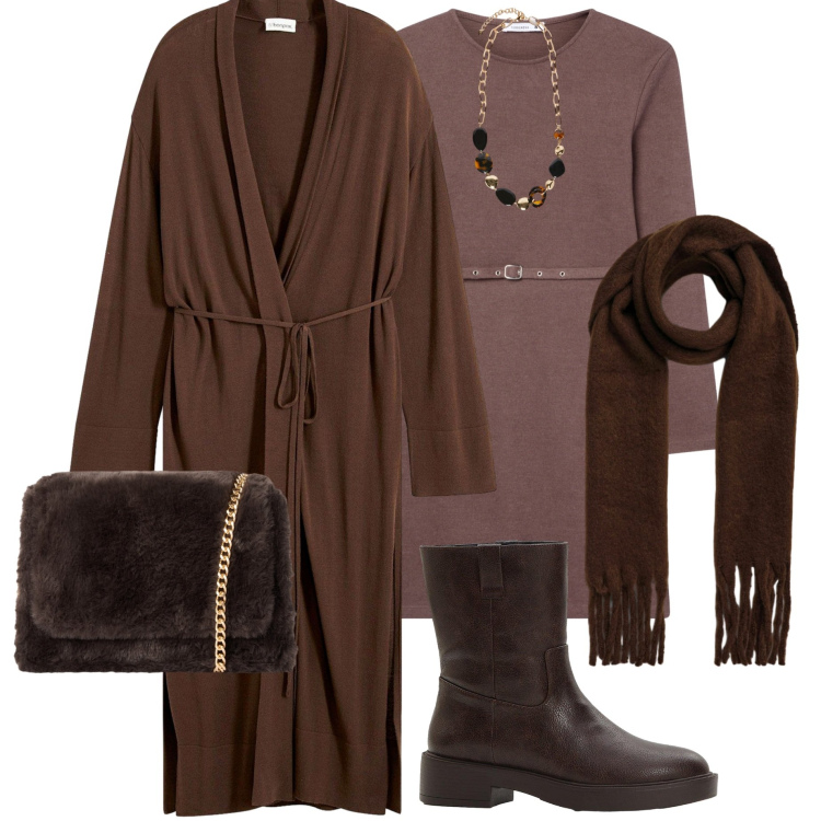 Outfit donna - Mocha mousse. Stile Casual chic per Tutti i giorni. Abbinamento con cappotti, stivaletti, vestiti midi/longuette, borse a tracolla, sciarpe, collane.