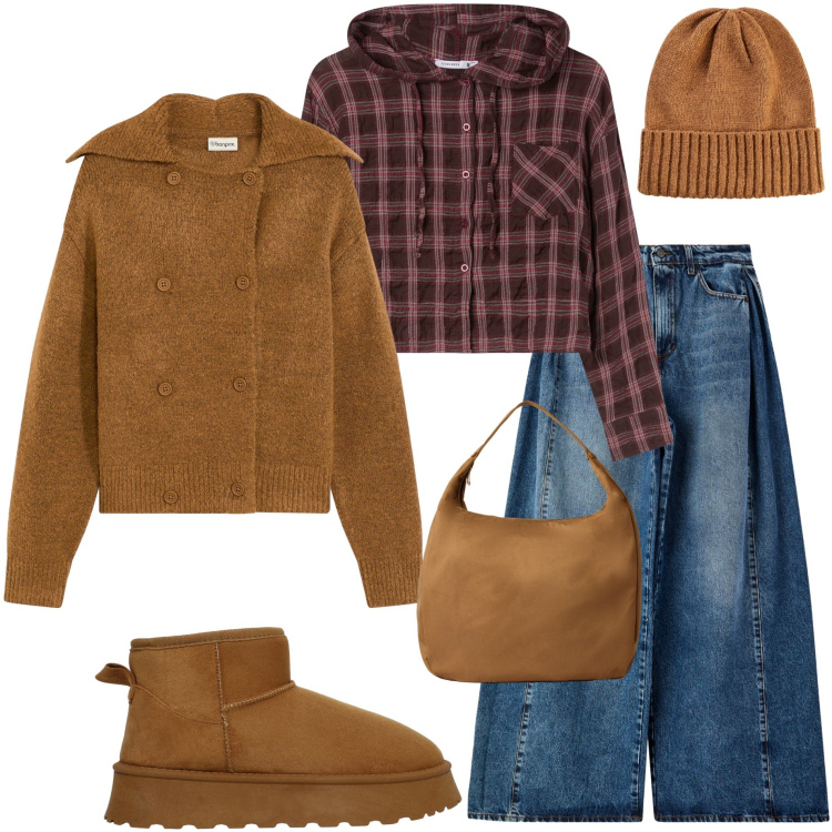 Outfit donna - Casual style. Stile Casual per Tutti i giorni. Abbinamento con cardigans, berretti, borse a mano, stivali, camicie, jeans.