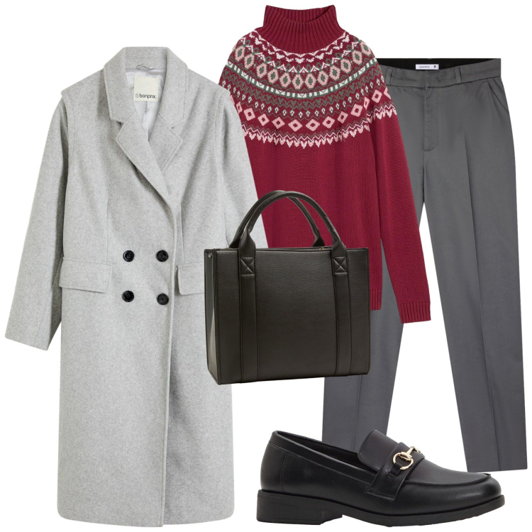 Outfit donna - Passeggiata in centro. Stile Casual per Tutti i giorni. Abbinamento con maglieria, cappotti, mocassini, borse tote, pantaloni chino.