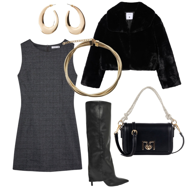 Outfit donna - Il tubino principe di Galles. Stile Chic per Serata fuori. Abbinamento con orecchini, vestiti senza maniche, ecopellicce, stivali, borse a mano, collane.