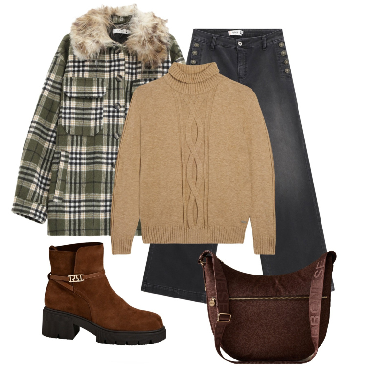 Outfit donna - Fa freddo in città. Stile Casual per Tutti i giorni. Abbinamento con stivaletti, jeans, cappotti, maglieria, borse a spalla.