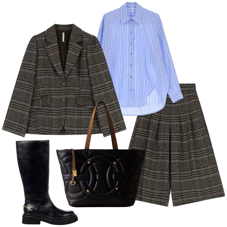 Outfit donna - Total look #2274439. Stile Glamour per Ufficio. Abbinamento con stivali sopra il ginocchio, pantaloni a palazzo, blazer, camicie, shopping bag.
