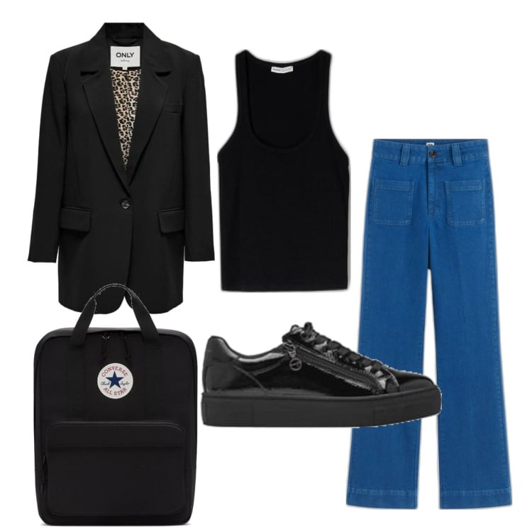 Outfit mujer - Mannish #801. Estilo Mannish para Escuela/Universidad. Combinación con blazers, sneakers, camisetas sin mangas, vaqueros bootcut, mochilas.