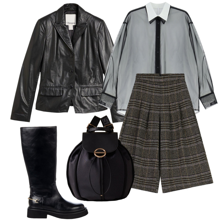 Outfit donna - Originale. Stile Trendy per Ufficio. Abbinamento con blazer, stivali sopra il ginocchio, pantaloni a palazzo, camicie, zaini.