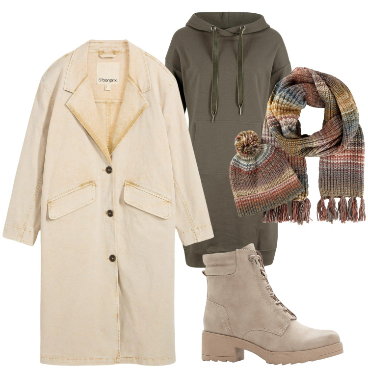 Outfit donna - Un pomeriggio a passeggio. Stile Sporty chic per Tutti i giorni. Abbinamento con vestiti, sciarpe, trench, stivaletti.