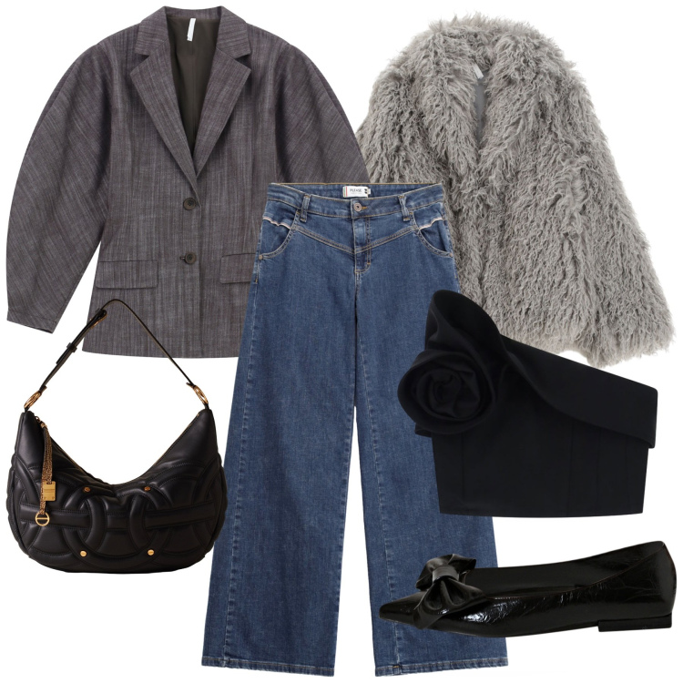 Outfit donna - Total look #2274444. Stile Glamour per Serata fuori. Abbinamento con ballerine, jeans, blazer, top, ecopellicce, borse a spalla.