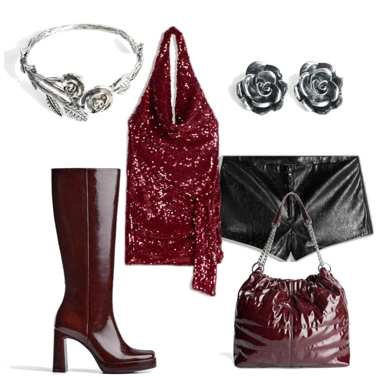 Outfit mujer - Sexy #1013. Estilo Sexy para Noche/Fiesta elegante. Combinación con pendientes, shorts, bolsos saco, botas, pulseras, vestidos cortos.